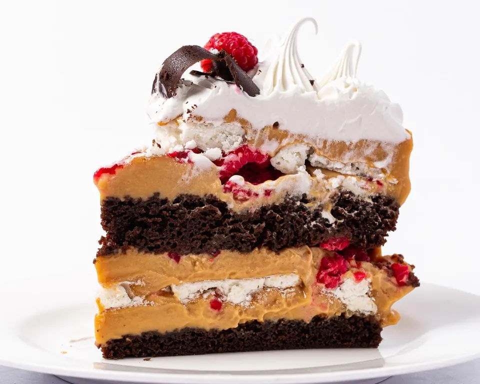 Porción de torta Puerto Varas con capas de bizcocho de chocolate, merengue, manjar blanco y frambuesa